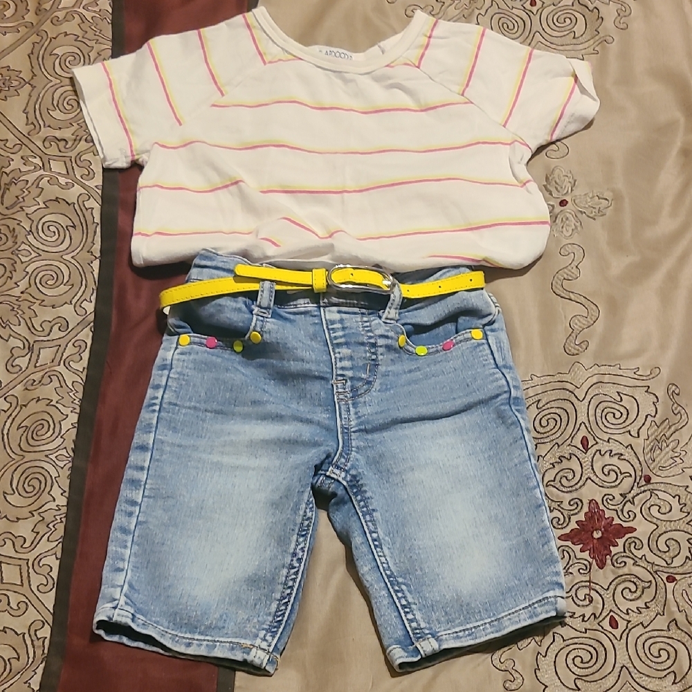 Flapdoodles White Striped Tee and Denim Shorts